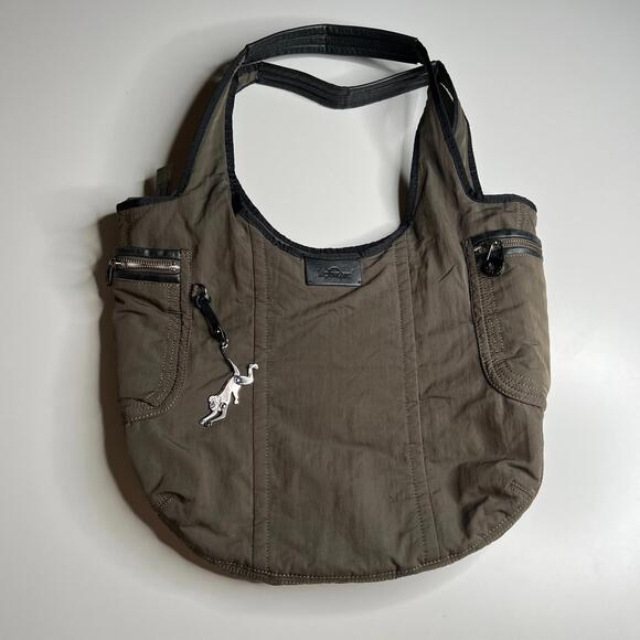 Kipling Lydia Shopper Shoulder Bag Tote Olive Green Black Trim Nylon Casual - Picture 1 of 11